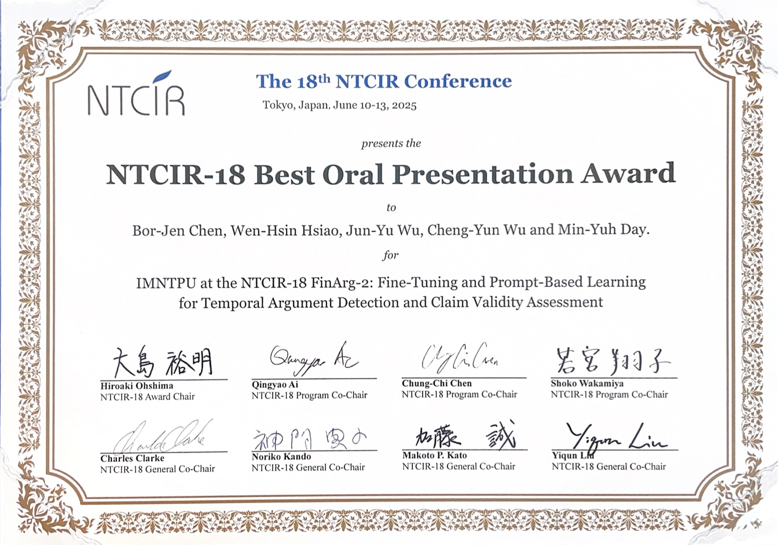 NTCIR-18 FinArg-2 Best Oral Presentation Award