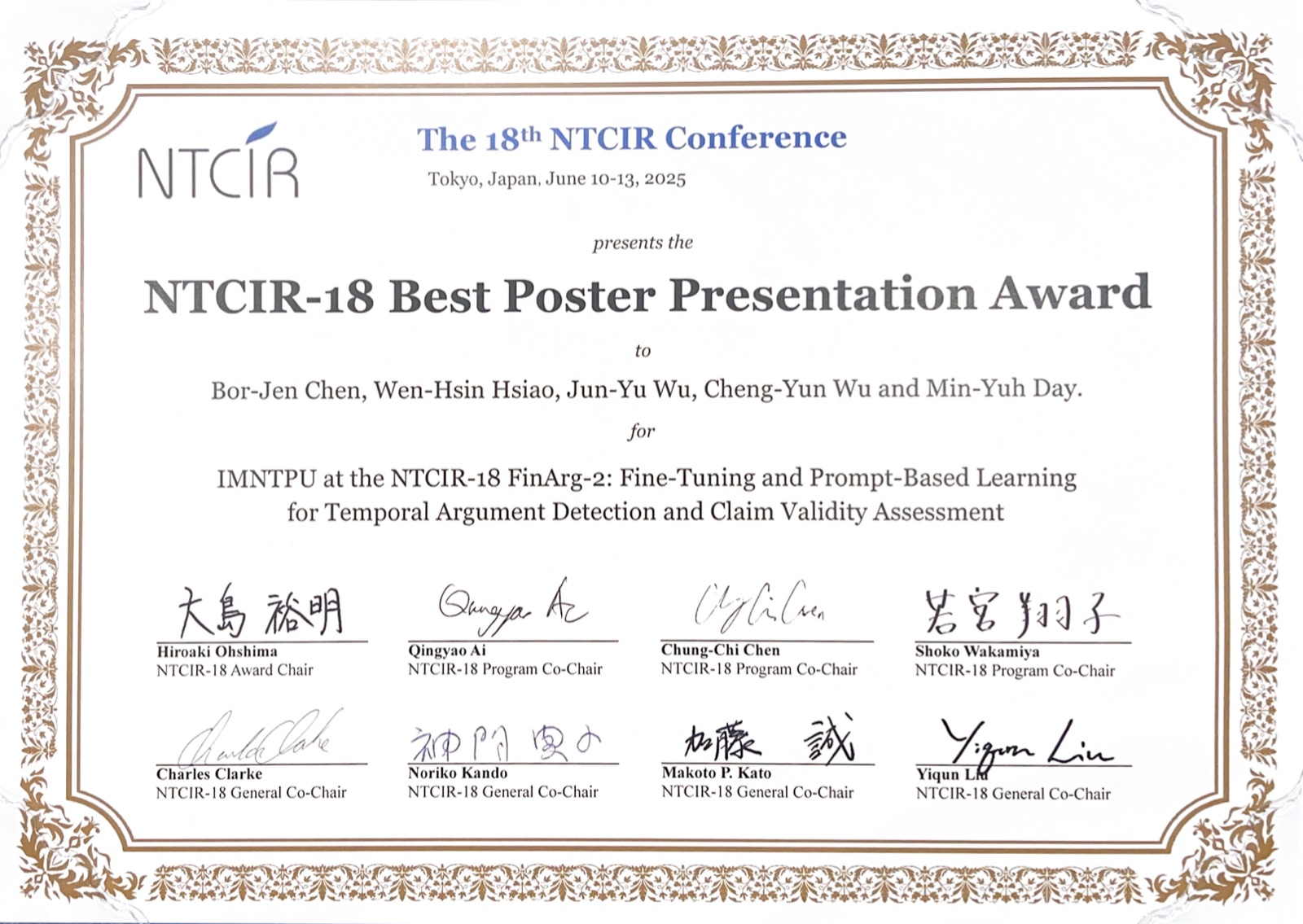 NTCIR-18 FinArg-2 Best Poster Award