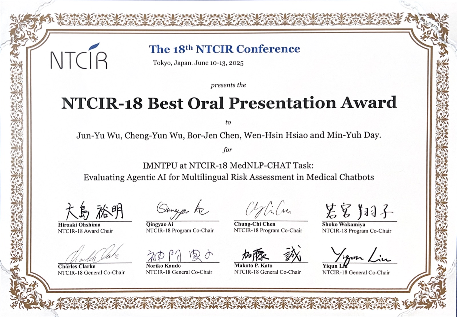 NTCIR-18 MedNLP-CHAT Best Oral Presentation Award