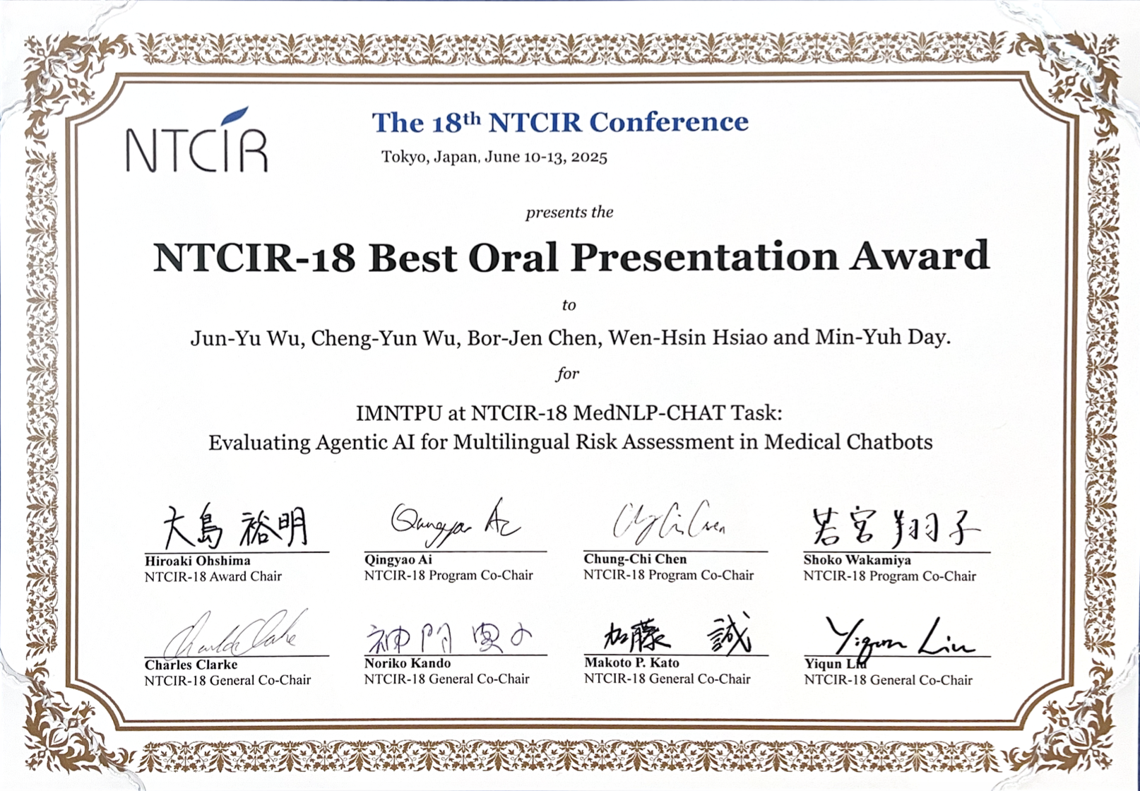 MedNLP-CHAT Best Oral Presentation Award